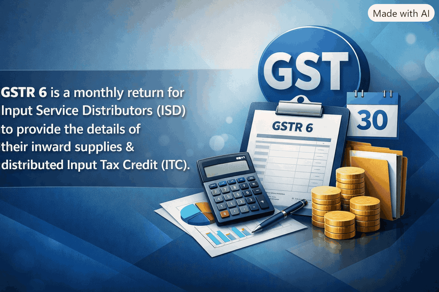 Upcoming Deadline: GSTR 6 is a monthly return for Input Service Distributors (ISD) to provide the details of their inward supplies & distributed Input Tax Credit (ITC). — Due 13 Aug 2026