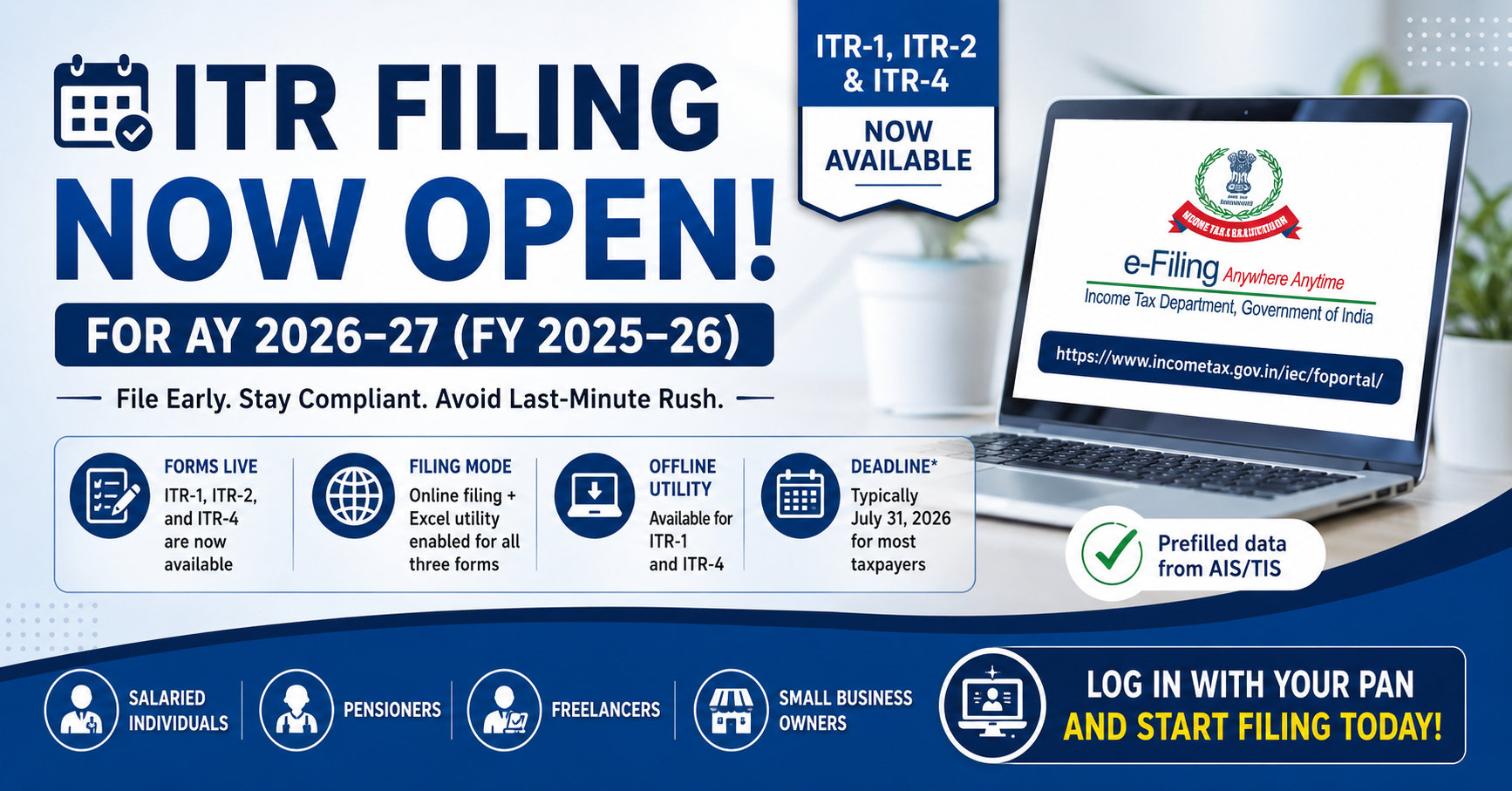 ITR Filing Open for AY 2026–27: Complete Guide for Salaried Individuals, Freelancers & Businesses