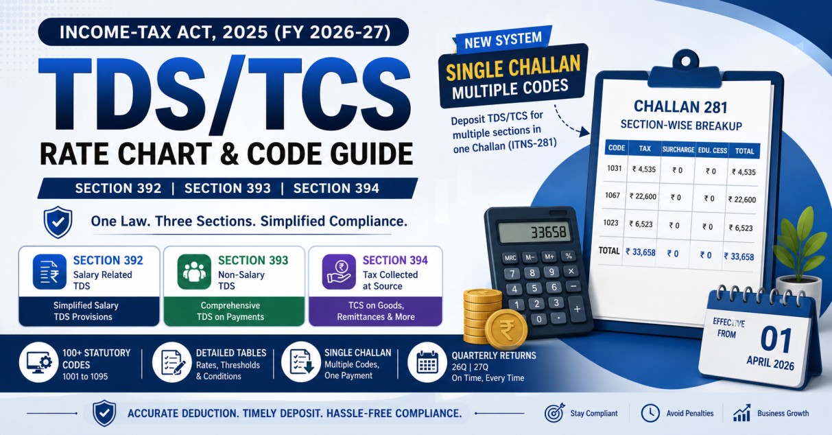 Complete TDS/TCS Rate Chart FY 2026-27 Under Income-tax Act 2025: Codes, Rates, Thresholds & Single Challan System