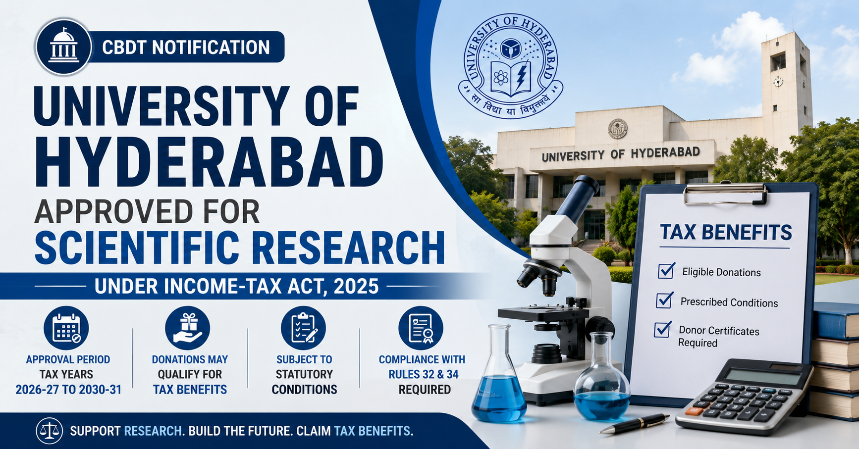 University of Hyderabad Approved for Scientific Research Under Income-tax Act, 2025: What Donors Should Know