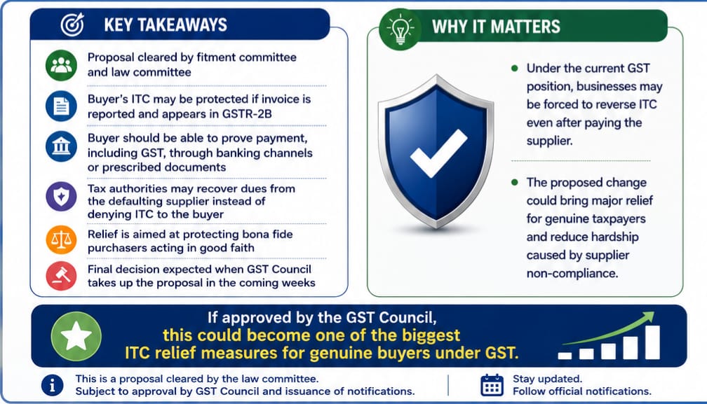 🚨 Big GST Relief Likely: Buyers May Not Lose ITC if Supplier Fails to Deposit GST