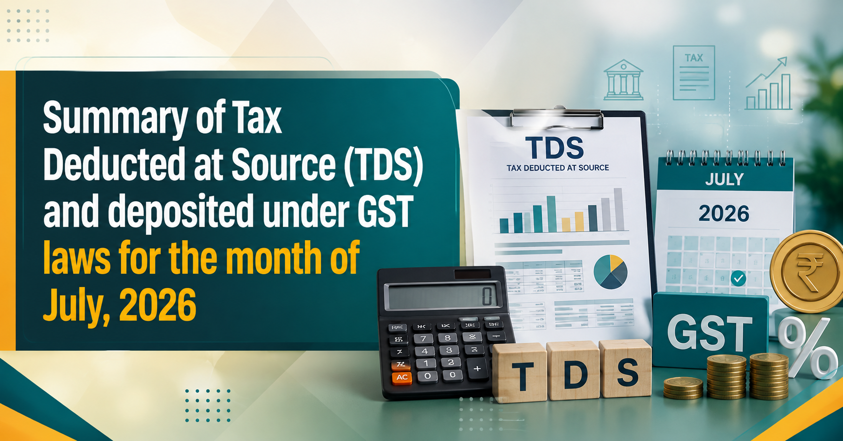 Upcoming Deadline: Summary of Tax Deducted at Source (TDS) and deposited under GST 
laws for the month of July, 2026 — Due 10 Aug 2026