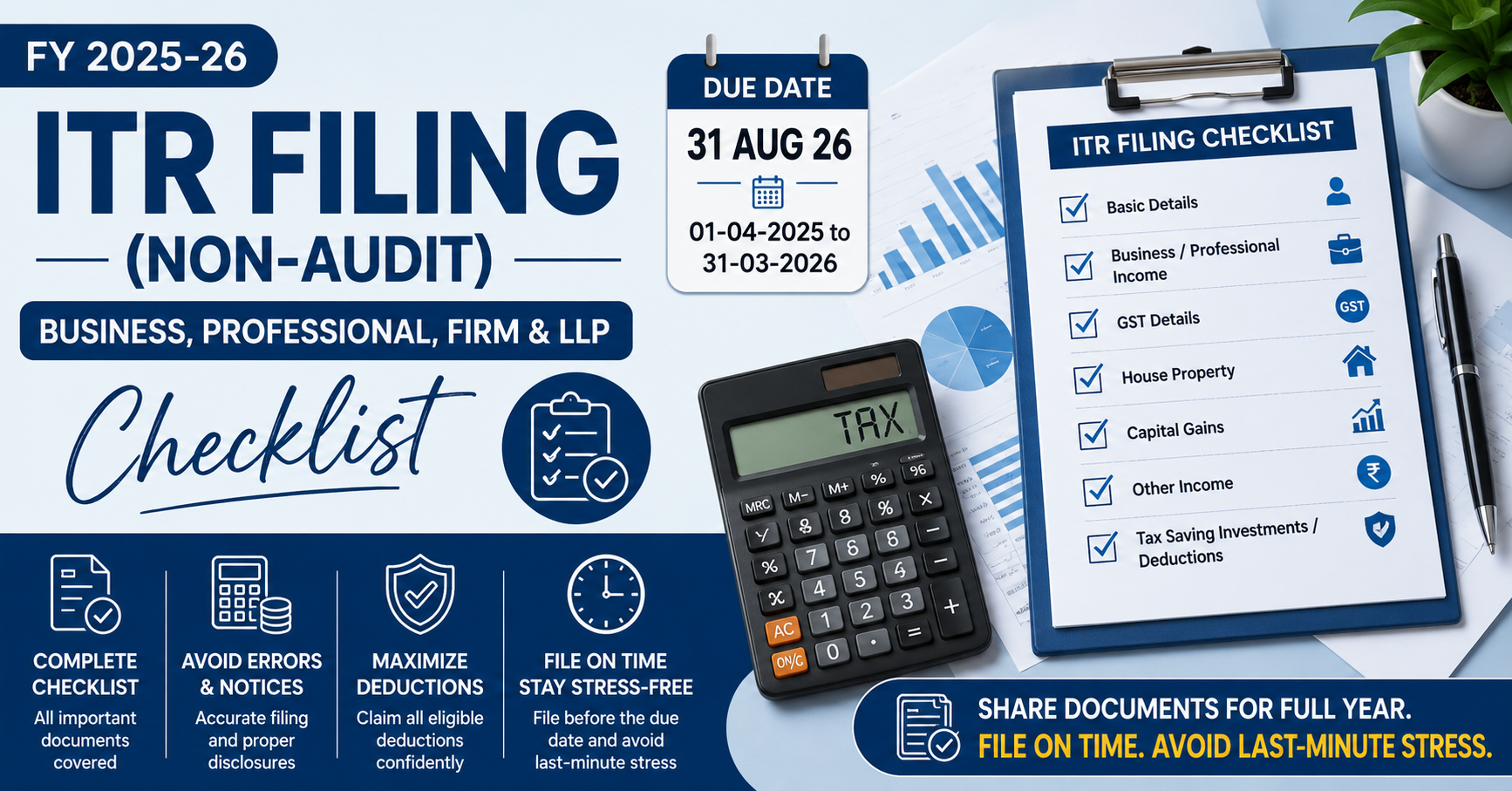 ITR Filing FY 2025-26 (Non-Audit) Checklist for Business, Professionals, Firms & LLP
