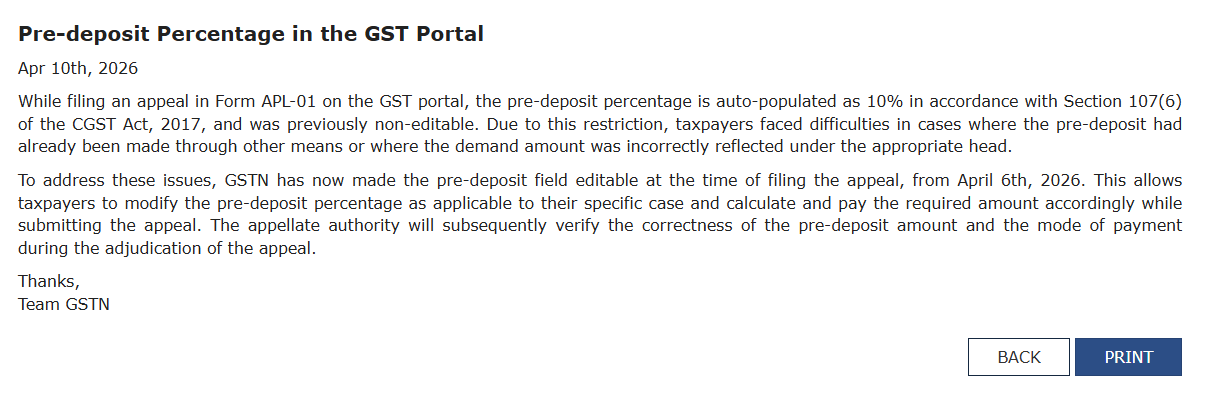 GST Portal Update: Editable Pre-Deposit Field in Appeals