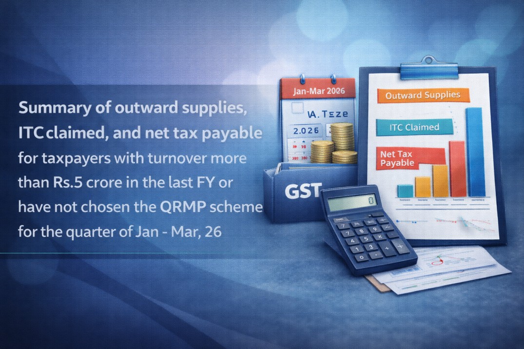 Upcoming Deadline: Summary of outward supplies, ITC claimed, and net tax payable for taxpayers with turnover more than Rs.5 crore in the last FY or have not chosen the QRMP scheme for the quarter of Jan - Mar, 26 — Due 20 Apr 2026