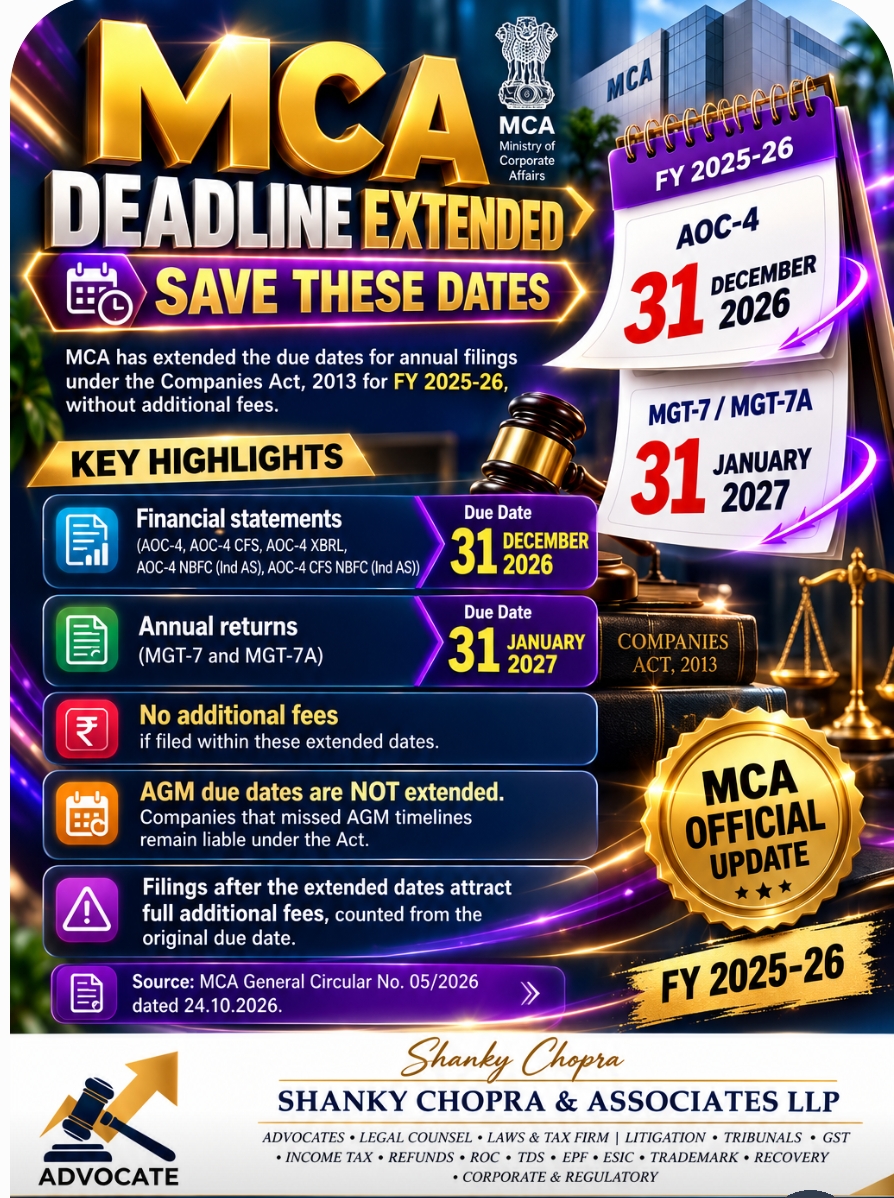 MCA Extends AOC-4 and MGT-7 Filing Due Dates for FY 2025-26 – Latest MCA Update