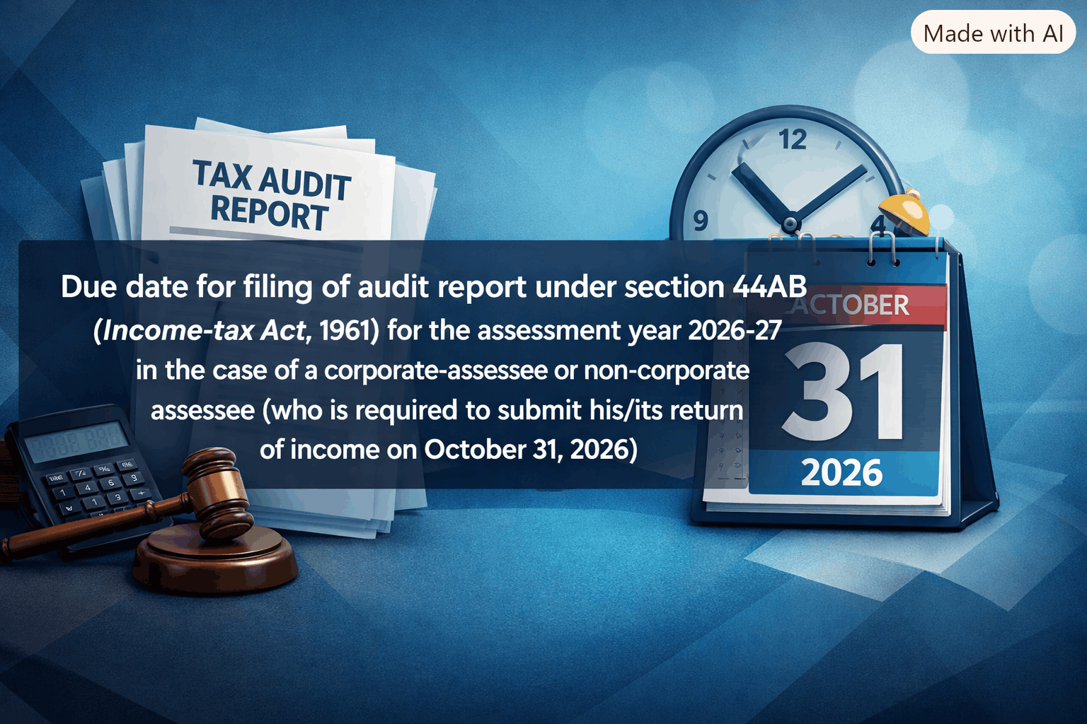 Upcoming Deadline: Due date for filing of audit report under section 44AB (Income-tax Act, 1961) for the assessment year 2026-27- Due 30 Sep 2026